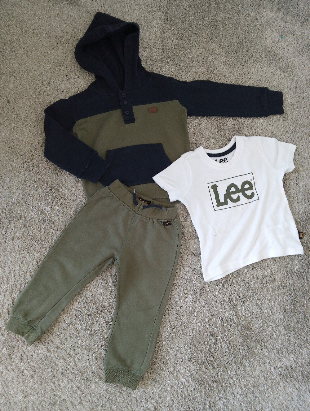 Lee Kids White Logo Tee with Olive & Navy Hoodie Jogger Set - Size 2T